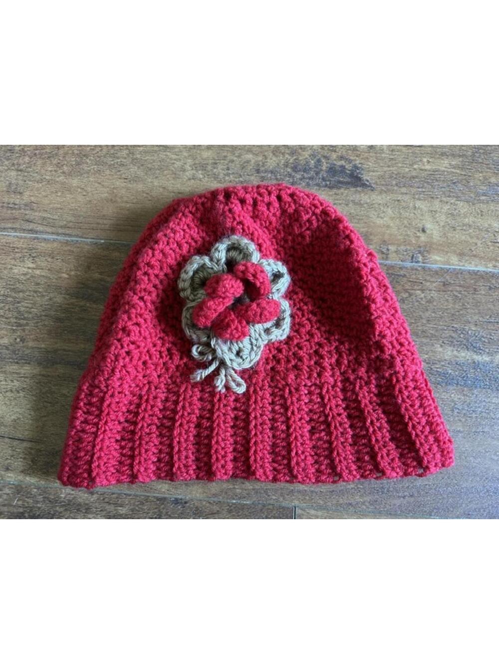 Handmade Red Crochet Beanie with Flower Accent